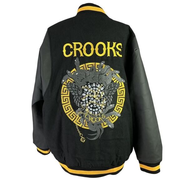 Crooks and Castles Varsity Jacket Men 5XL Black Yellow Letterman Snaps NEW - Picture 4 of 8